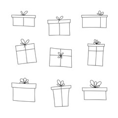Black and white graphic illustration in a gift box with a bow, a set of icons, vector. A decorative element for decorating a holiday, discount, shopping, Christmas. Collection of gifts, doodle