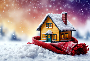 A house wrapped in a warm scarf, the concept of energy saving, thermal modernization and protection of the building against heat loss