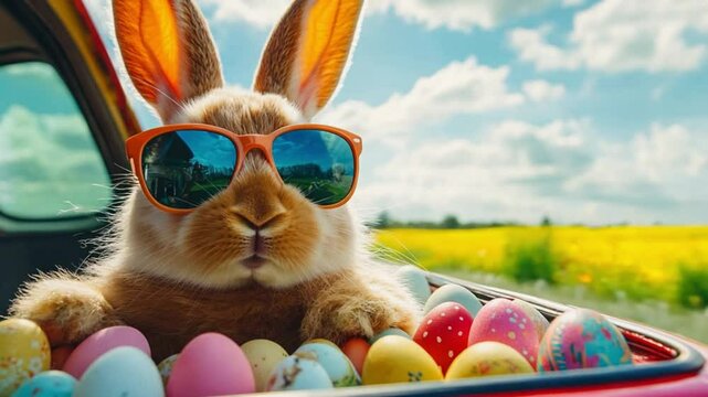 Cute Easter Bunny with sunglasses looking out of a car filed with easter eggs, footage, 4k footage, videos, video clip, slow motion, video wallpaper, animation, 4k