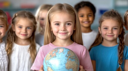 Smiling children holding a globe in a classroom setting, AI