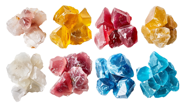 Set of topaz stones in different colors like blue, yellow, and pink, isolated on white, cut out