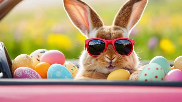 Cute Easter Bunny with sunglasses looking out of a car filed with easter eggs, footage, 4k footage, videos, video clip, slow motion, video wallpaper, animation, 4k