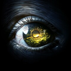 Illustration scene of a human eye be framed by a hypnotic spiral, isolated on black background.