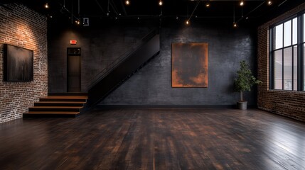 A large room with a red exit sign and a staircase. The room is empty and has a modern feel