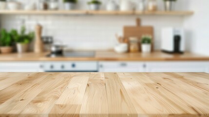 Wooden Table in Modern Loft Kitchen, showcasing a close-up of a rustic wooden table with a blurred backdrop of a sleek urban kitchen in contemporary design