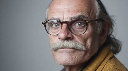 Obraz premium Thoughtful Elderly Man with Glasses on Light Gray Background