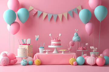 A pink-themed birthday party with a cake, balloons, and decorations