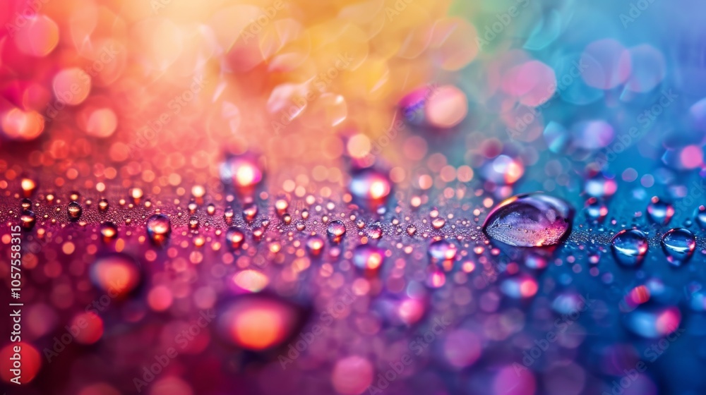 Poster close-up image of water droplets on a brightly colored surface with vivid and contrasting hues blend