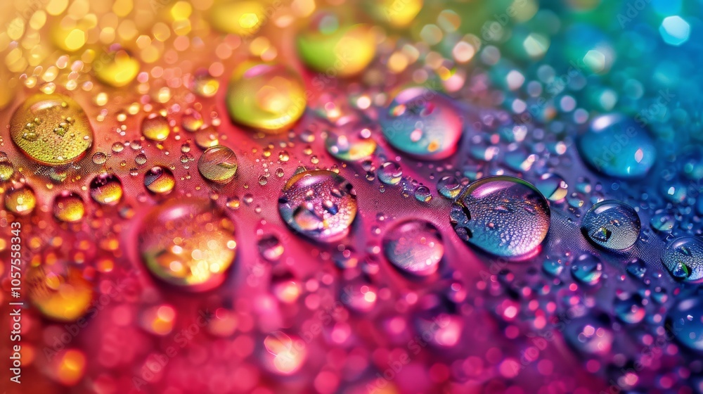 Poster close-up image of water droplets on a brightly colored surface with vivid and contrasting hues blend