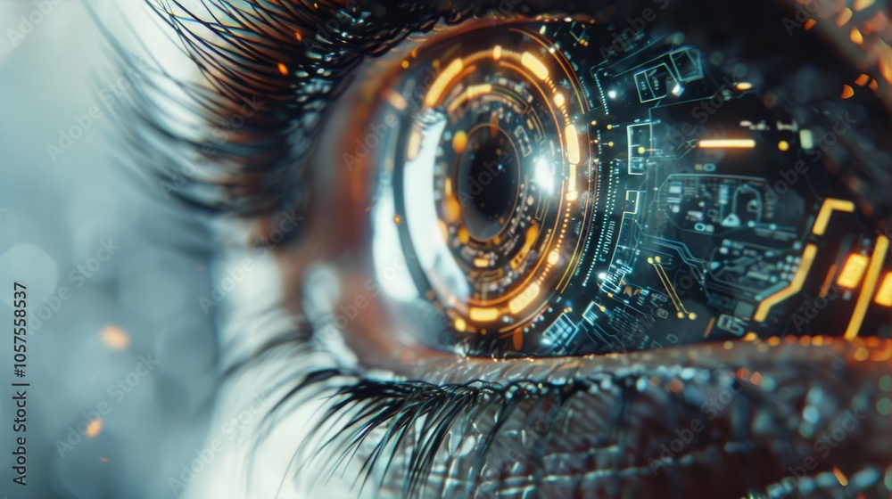 Poster close-up of a high-tech cybernetic eye featuring advanced optics and digital interfaces, with a clea