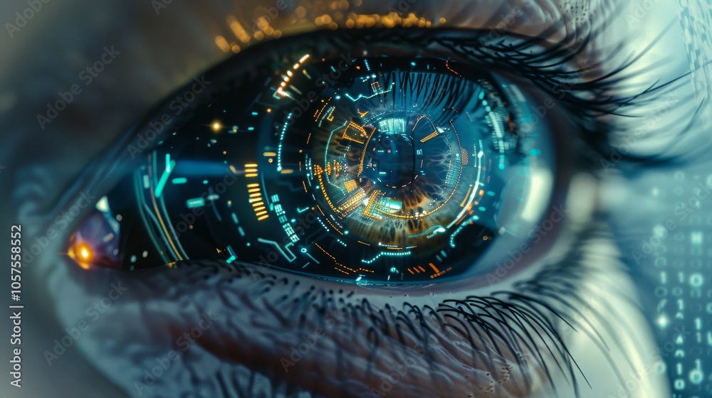 Poster close-up of a high-tech cybernetic eye featuring advanced optics and digital interfaces, with a clea