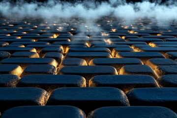 Fototapeta premium Smoke trails blending with fog over a cobblestone street at dawn, with soft shadows creating a mysterious, vintage atmosphere, symbolizing mystique and peace