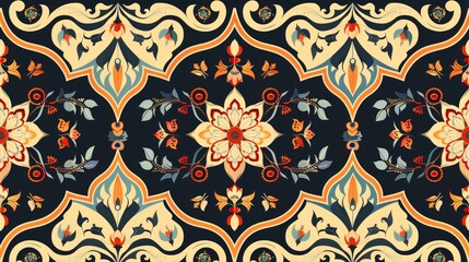 Intricate vintage floral pattern in red, blue, and beige tones, perfect for backgrounds, textile designs, wallpapers, and digital art projects.