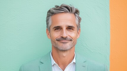 Fototapeta premium Confident and charismatic man smiling against a colorful background embracing positivity and style in everyday life