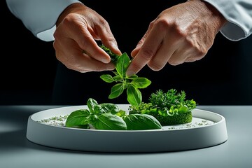 Watercolor painting of a chefâ€™s hand sprinkling herbs over a plate, with soft greens and natural colors capturing the freshness and artistry of cooking, symbolizing elegance and nature