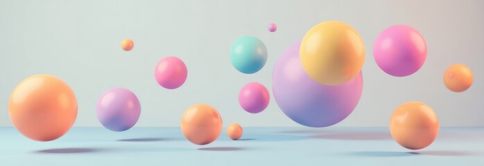 Some floatig colorful 3d spheres, without patterns, arranged against a light gray background.