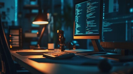Naklejka premium Modern Workspace with Monitors and Coding Screen