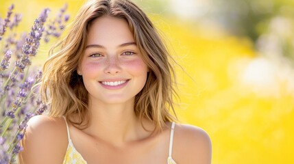 Naklejka premium Capturing joy a young woman's radiant smile surrounded by lavender fields on a bright sunny day in nature's embrace