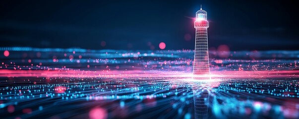 Digital Lighthouse Shining on Abstract Data Network.