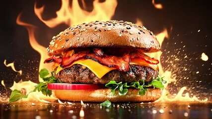 Fiery Burger, fiery hamburger on a dark background, Delicious cheeseburger with fresh vegetables surrounded by a fiery background, Fiery Cheeseburger on a Black Background, footage, 4k footage, videos