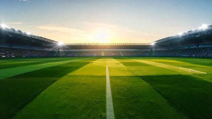 A soccer field with a white line in the middle. The field is empty and the sky is blue