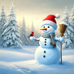 Fototapeta premium A cute snowman stands in a snowy forest, wearing a Santa hat and scarf, holding a broom and a red bird.
