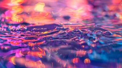 Detailed close-up of water on a vibrant, neon-colored background, showing intricate patterns and reflections