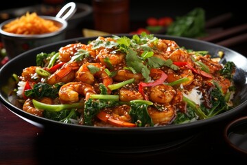 A sizzling pan of spicy shrimp with fresh herbs, peppers, and greens, showcasing vibrant colors and rich textures for culinary photography.
