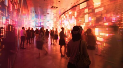 An obscured view of an immersive art installation and its enthralled viewers.