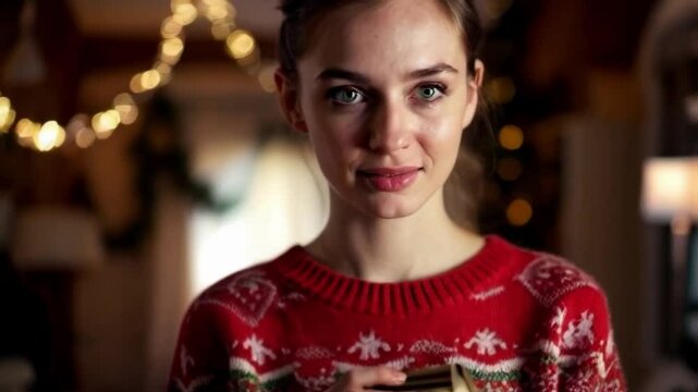 portrait of woman holding Christmas gift, happy woman with Christmas present, smiling woman holding holiday gift, beautiful woman with Christmas gift, joyful woman anticipating Christmas surprise
