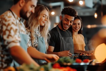 Group of friends cooking together, smiling, enjoying culinary experience