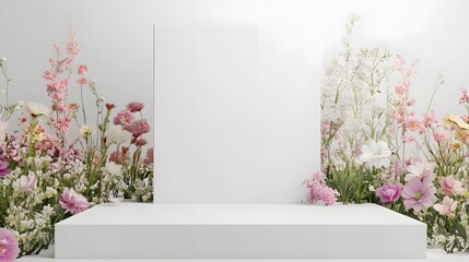 
3d realistic white display on flower garden, white background