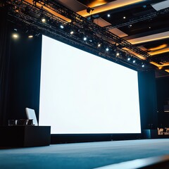 Large white display screen positioned on stage, intended for business presentation exhibits