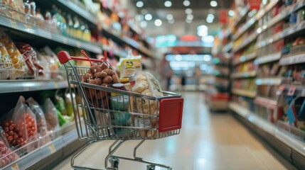 Grocery Shopping Cart Filled with Products in Store Aisle