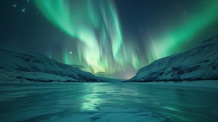 Enchanting northern lights filling the night sky with vibrant green and violet ribbons, casting a soft glow over a peaceful, 