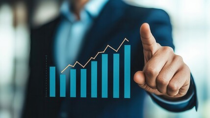 A professional in a suit points at a rising bar graph, symbolizing growth and success in business metrics or financial performance.