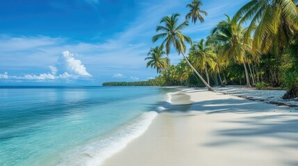 Exotic beach landscape with smooth white sand, tall coconut palms, and tranquil blue sea, perfect for banners.