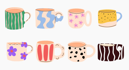 Set of colored mugs isolated on white background. Different modern handmade cups with cute design.