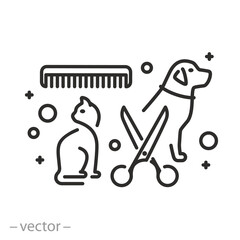 pet grooming, animal grooming salon icon, dog and cat, scissors with comb for groomer, vector illustration