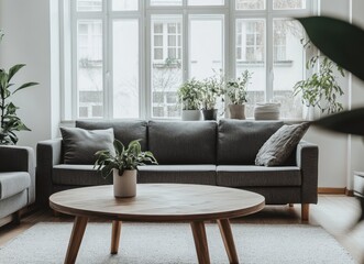 Fototapeta premium A living room with a couch and a coffee table. The couch is gray and has a plant on it. There are two potted plants in the room, one on the table and one on the floor