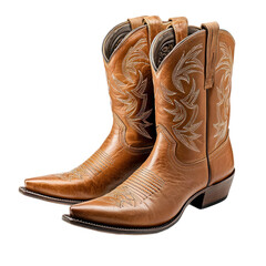 Classic leather cowboy boots with intricate stitching and a pointed toe. isolated on transparency background