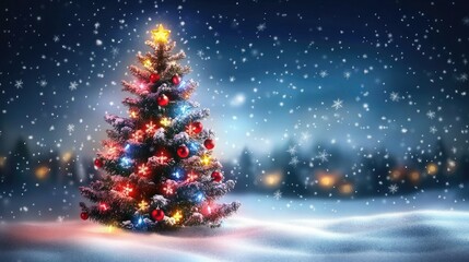Festive tree with snow and lights, blurred winter wonderland background for a cozy holiday scene.