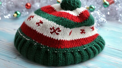 Green and red striped Christmas beanie with a jingle bell on top, fun and festive