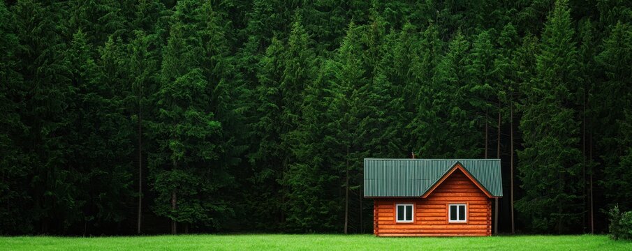 Balanced lifestyle through digital detox and reduced screen time concept. A cozy wooden cabin surrounded by dense green forest creating a serene and natural retreat