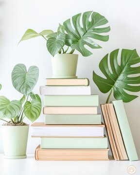 Balanced lifestyle through digital detox and reduced screen time concept. A serene arrangement of books and lush green plants creating a calming and stylish home decor aesthetic