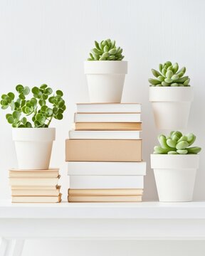 Balanced lifestyle through digital detox and reduced screen time concept. A serene arrangement of succulent plants in white pots atop stacks of books creating a fresh minimalist aesthetic