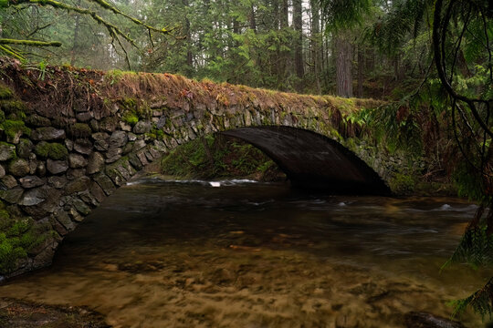 Atmospheric view of the moss covered Shawnigan Creek Stone Bridge in Mill Bay; Mill Bay, Vancouver Island, British Columbia, Canada
