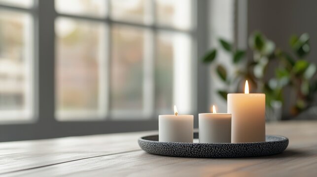Balanced lifestyle through digital detox and reduced screen time concept. A serene arrangement of white candles on a dark plate set against a soft-lit window enhancing a cozy and calming atmosphere
