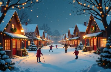 A street in the village decorated for Christmas, lights, children playing, Christmas traditions, a postcard