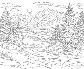 Obraz premium A beautiful winter sunset over snowy hills, coloring page for kids, simple outline illustration. Coloring book, simple lines.